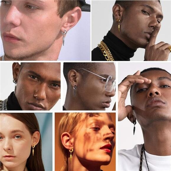 Statement Earrings for Men & Women, Punk Style Black/Gold Stainless Steel Hypoal - Picture 2 of 7